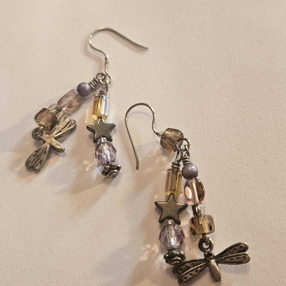 Delicate Dragonfly & Star Bead Drop Earrings in Lavender and Gold